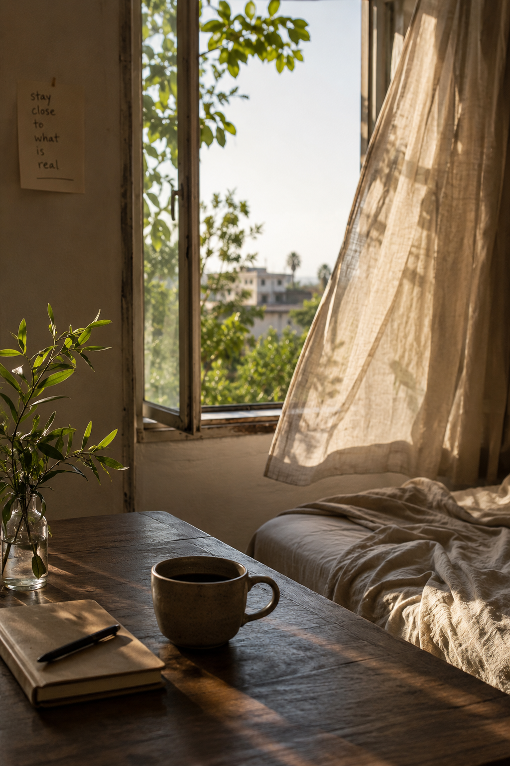 A quiet morning room with an open window, sheer curtains, a wooden desk, a cup of coffee, and a handwritten note that reads 'stay close to what is real'