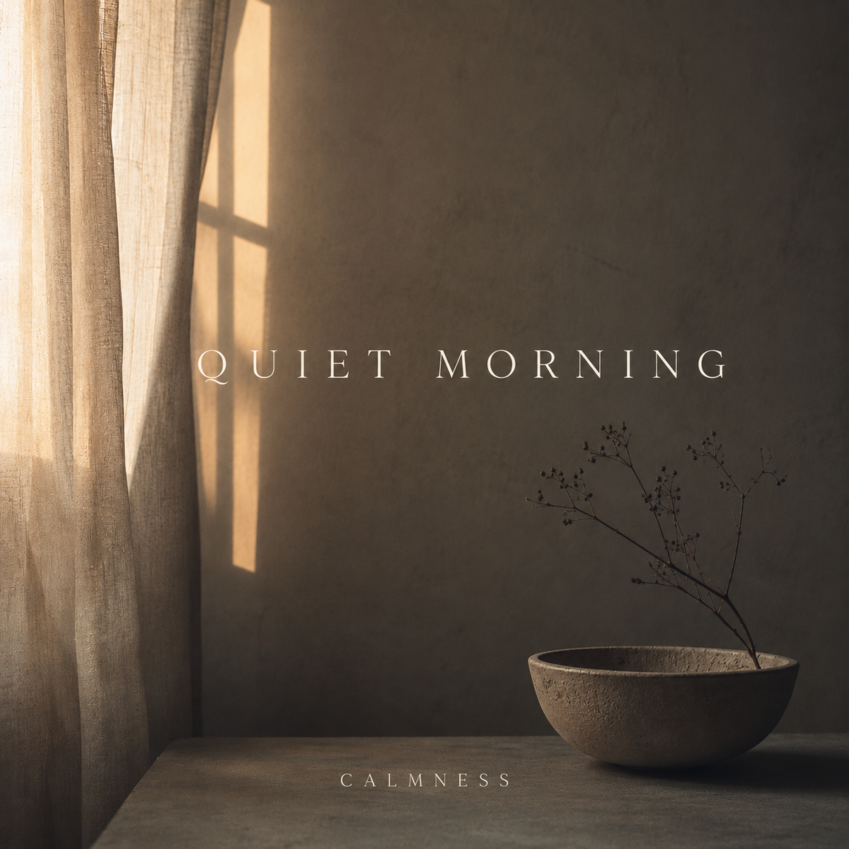 Quiet Morning album cover by Calmness – warm morning light through sheer curtains with a ceramic bowl and branch